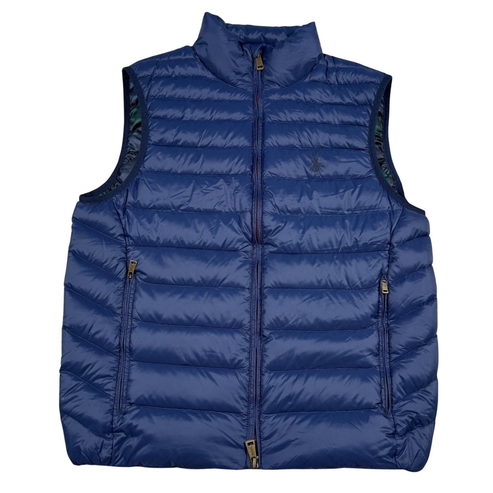 Polo Ralph Lauren Puffer Vest Mens S Navy Blue Quilted Plaid Lined Full Zip